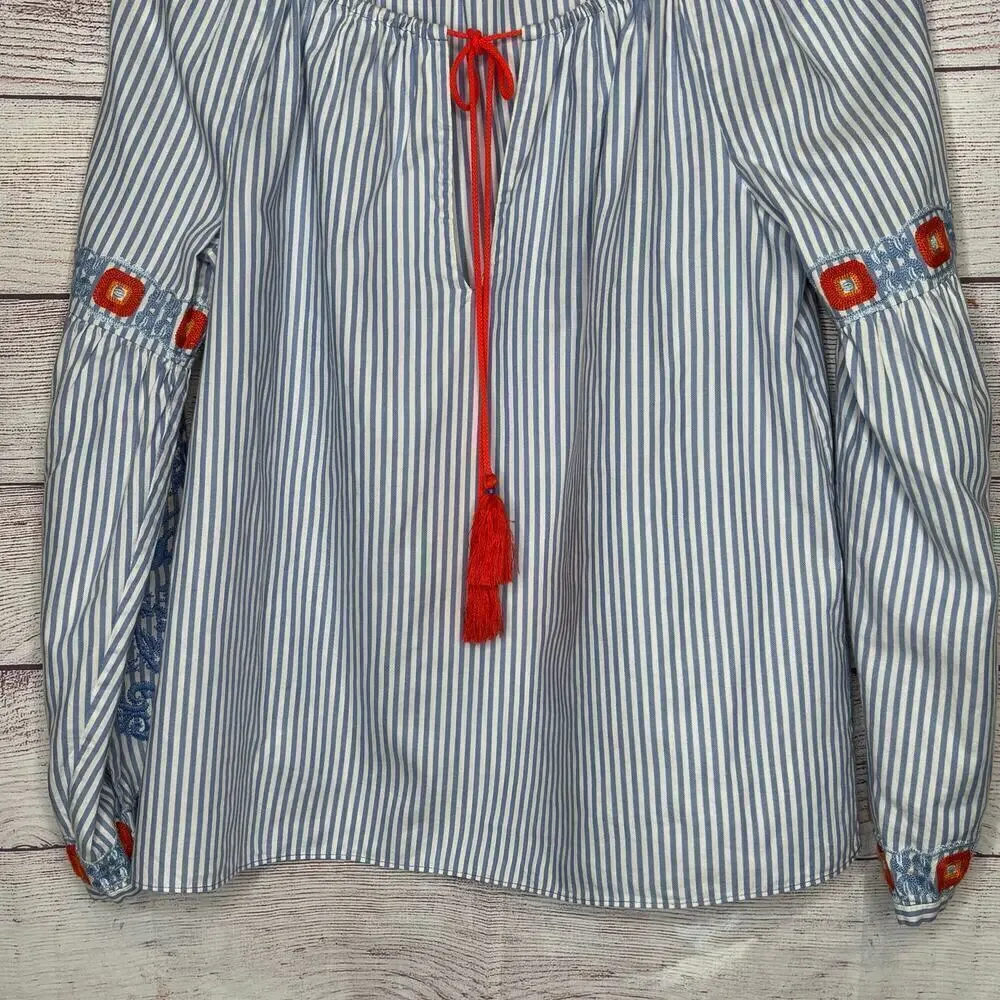 Tory Burch Madison Peasant Boho Striped Embroidered Tie Front Top Size 2